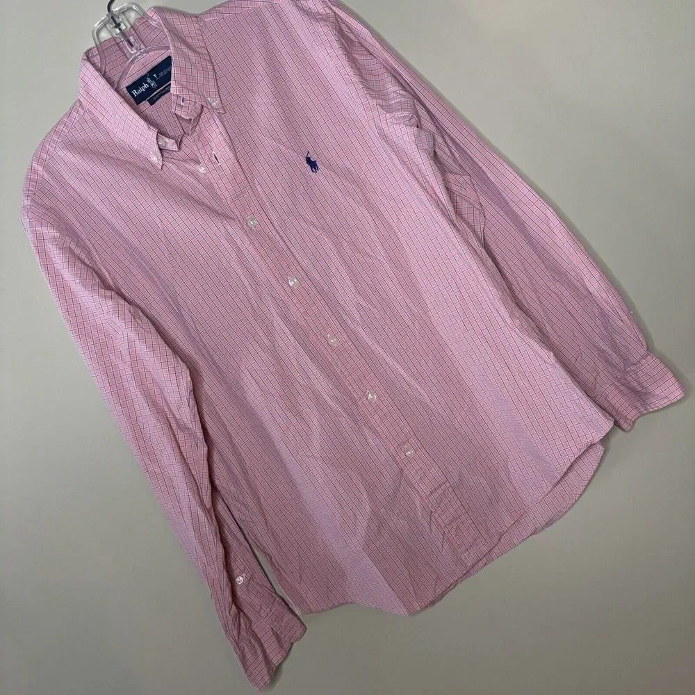 Mens‎ Ralph Lauren Medium Collared Dress Shirt PINK Checkered Horse Polo Logo